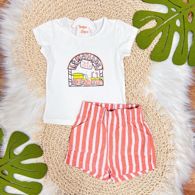 Conj. Blusa Lemonade Ice Cold e Short Listrado em Sarja - Off White